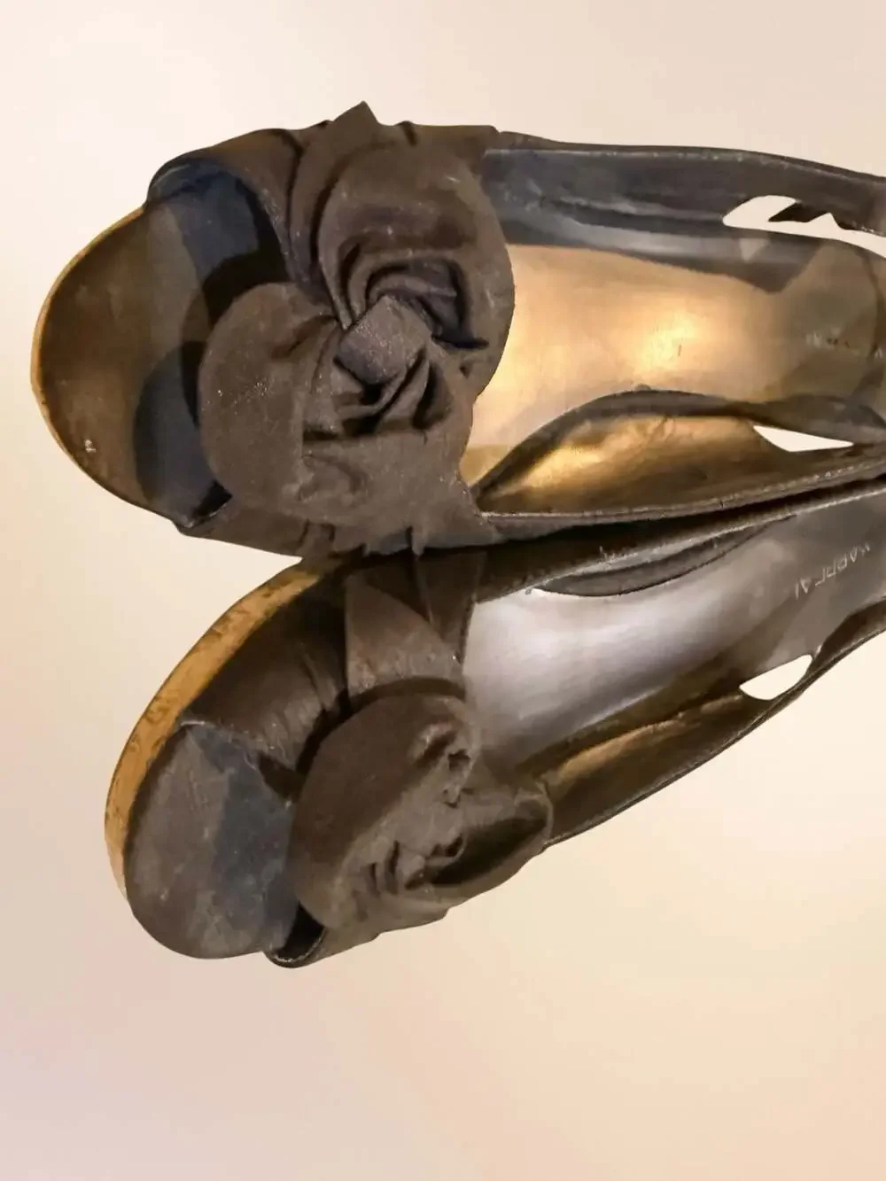 X Appeal Brown Fabric Slingback Wedge Heels with Camellia Flower Detail